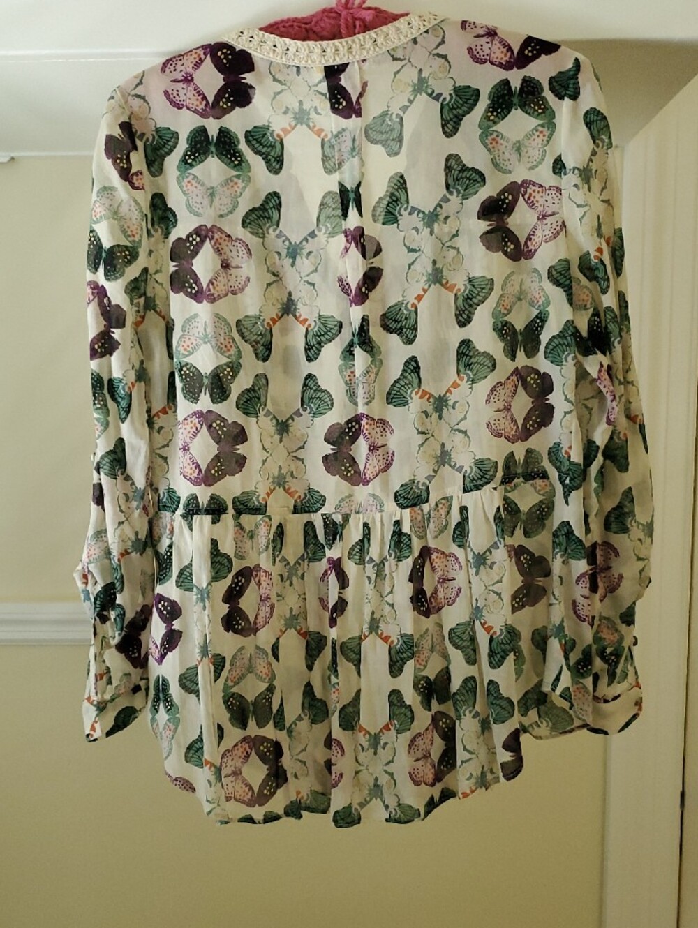Maeve Anthropologie Cream Blouse with Green & Purple Butterfly Print - Picture 3 of 4
